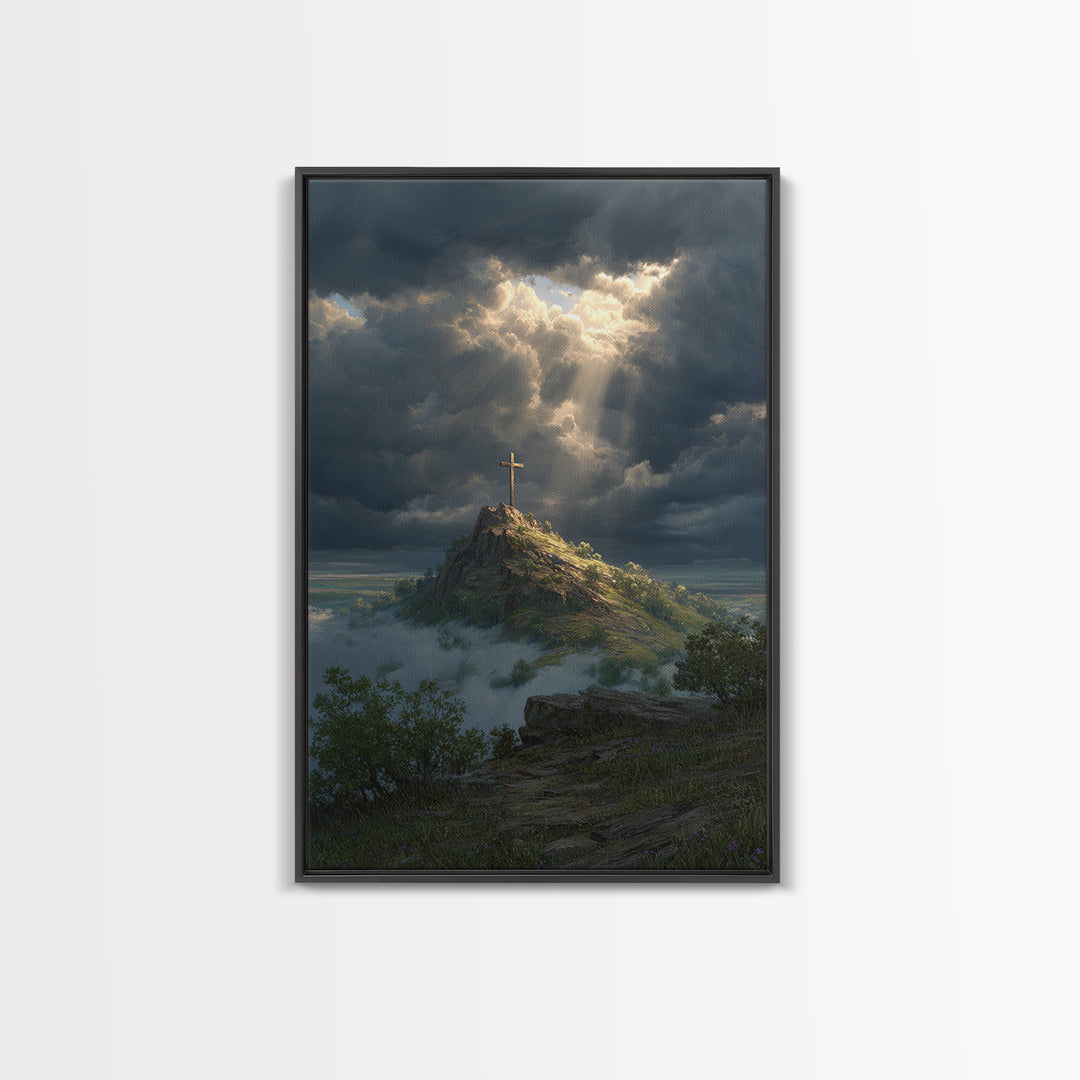 Cross On Mountain Dramatic Sky Contemporary Landscape Oil Painting Wall Art Framed Canvas Print Nature Inspired Home Decor