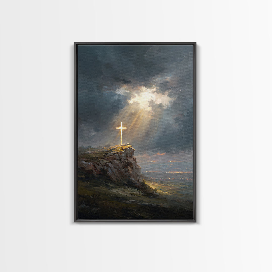 Dramatic Light Over Cliff Cross Spiritual Wall Art Framed Canvas Print For Inspirational Religious Home Decor Or Gift