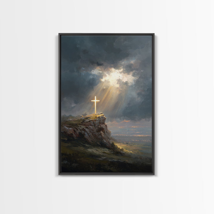 Dramatic Light Over Cliff Cross Spiritual Wall Art Framed Canvas Print For Inspirational Religious Home Decor Or Gift