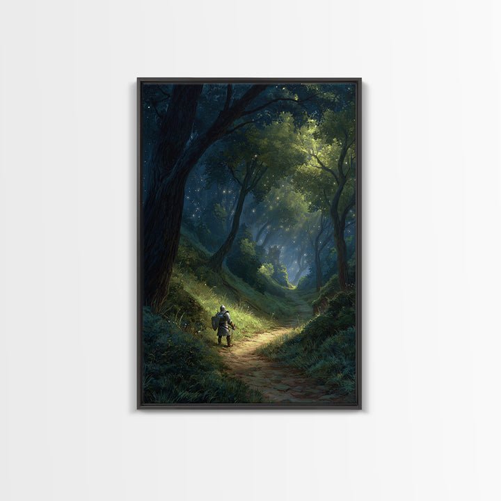 Majestic Knight on Trail in Enchanted Forest Fantasy Art Wall Art Canvas Print For Game Room or Bedroom Decor
