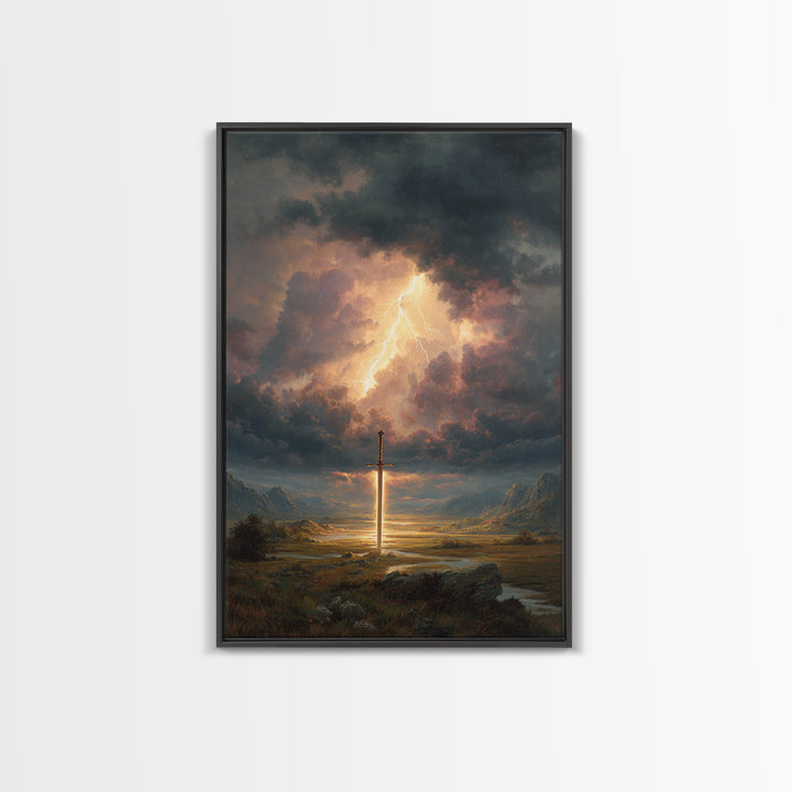 Epic Sword Lightning Storm Fantasy Wall Art Digital Painting Canvas Print For Fantasy Lovers And Gaming Room Decor