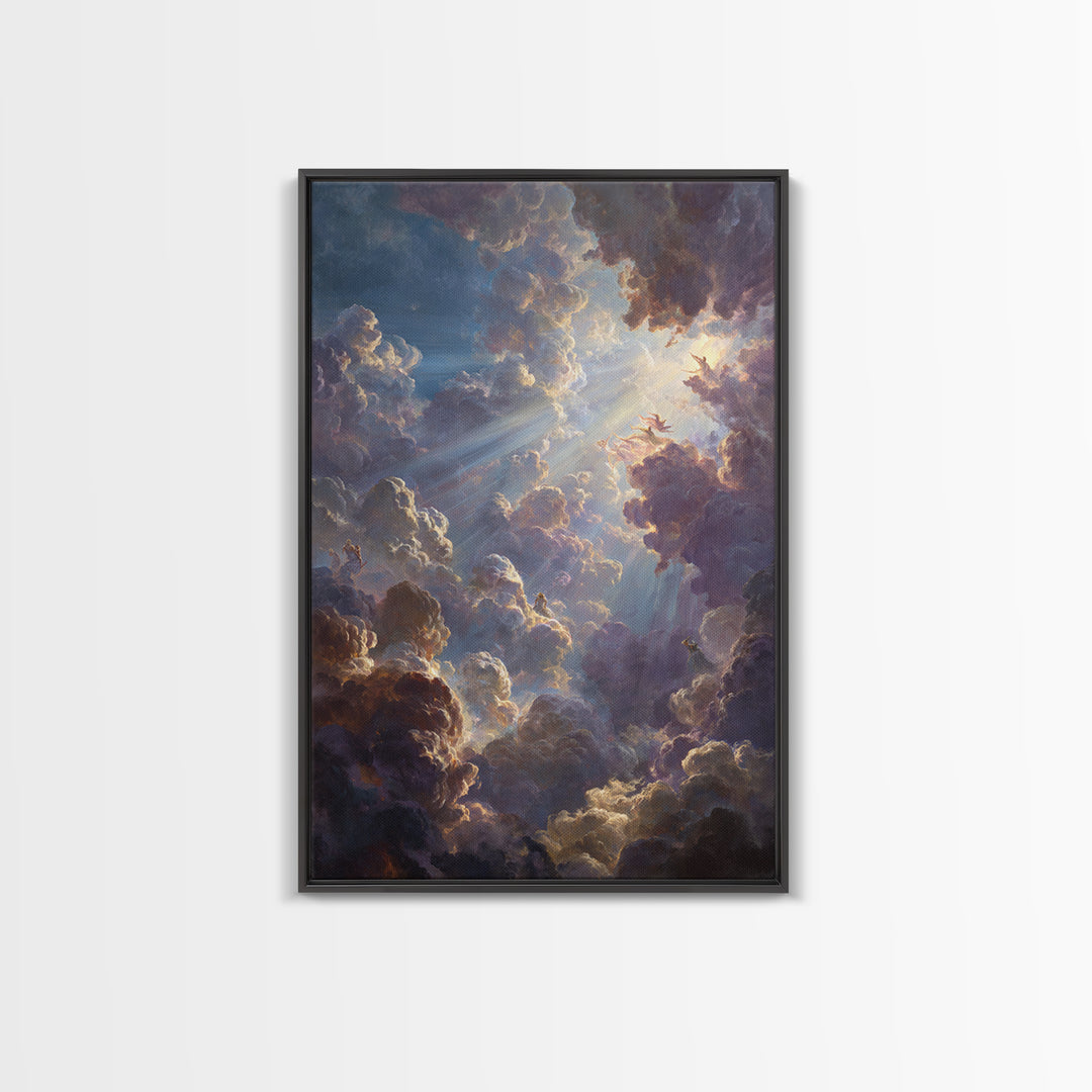Dramatic Heavenly Clouds With Figures And Light Rays Spiritual Religious Wall Art Oil Painting Large Wall Art Framed Canvas Print