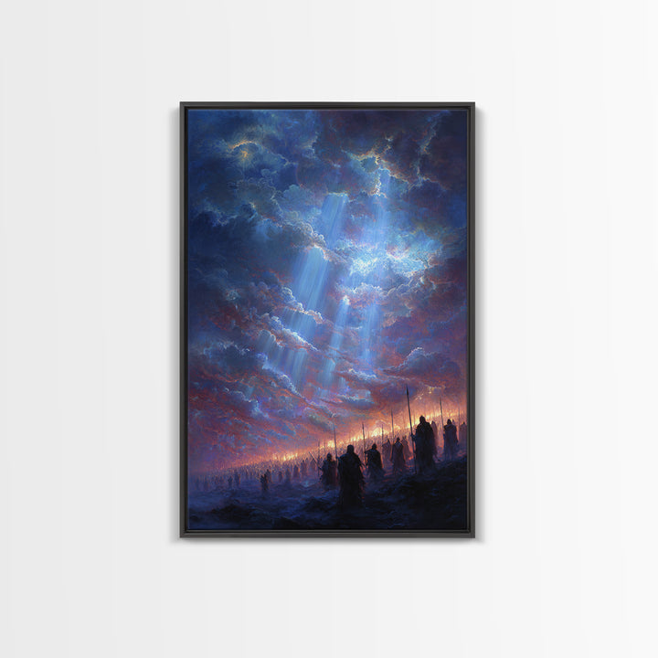 Epic Fantasy Army Under Dramatic Sky With Sun Rays Wall Art Framed Canvas Print For Bedroom or Office Decor