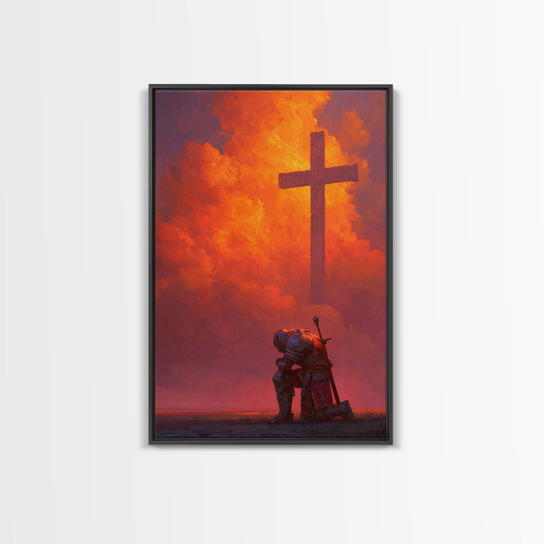 Medieval Knight Kneeling Before Cross In Fiery Sky Dramatic Fantasy Art Wall Art Canvas Print For Spiritual Decor