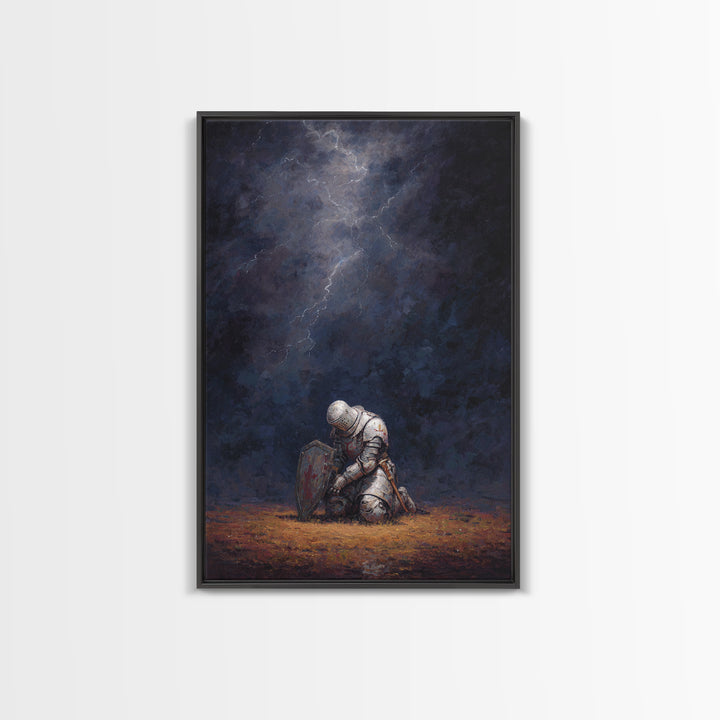 Kneeling Knight Painting With Dramatic Dark Stormy Sky Wall Art Canvas Print For Medieval Decor And Inspirational Office Wall Art