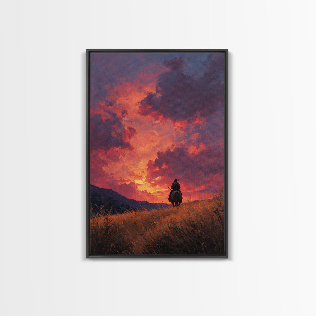 Epic Western Lone Rider On Horseback Silhouette Against Dramatic Sunset Sky Oil Painting Wall Art