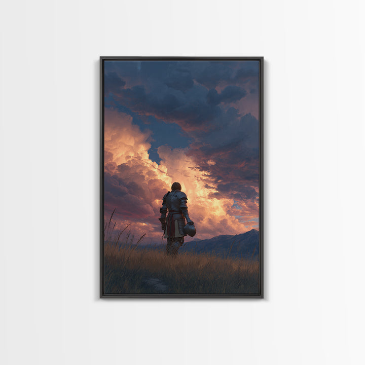 Knight Standing Under Dramatic Cloudy Sunset Sky Canvas Print Medieval Wall Art For Living Room And Office Decor