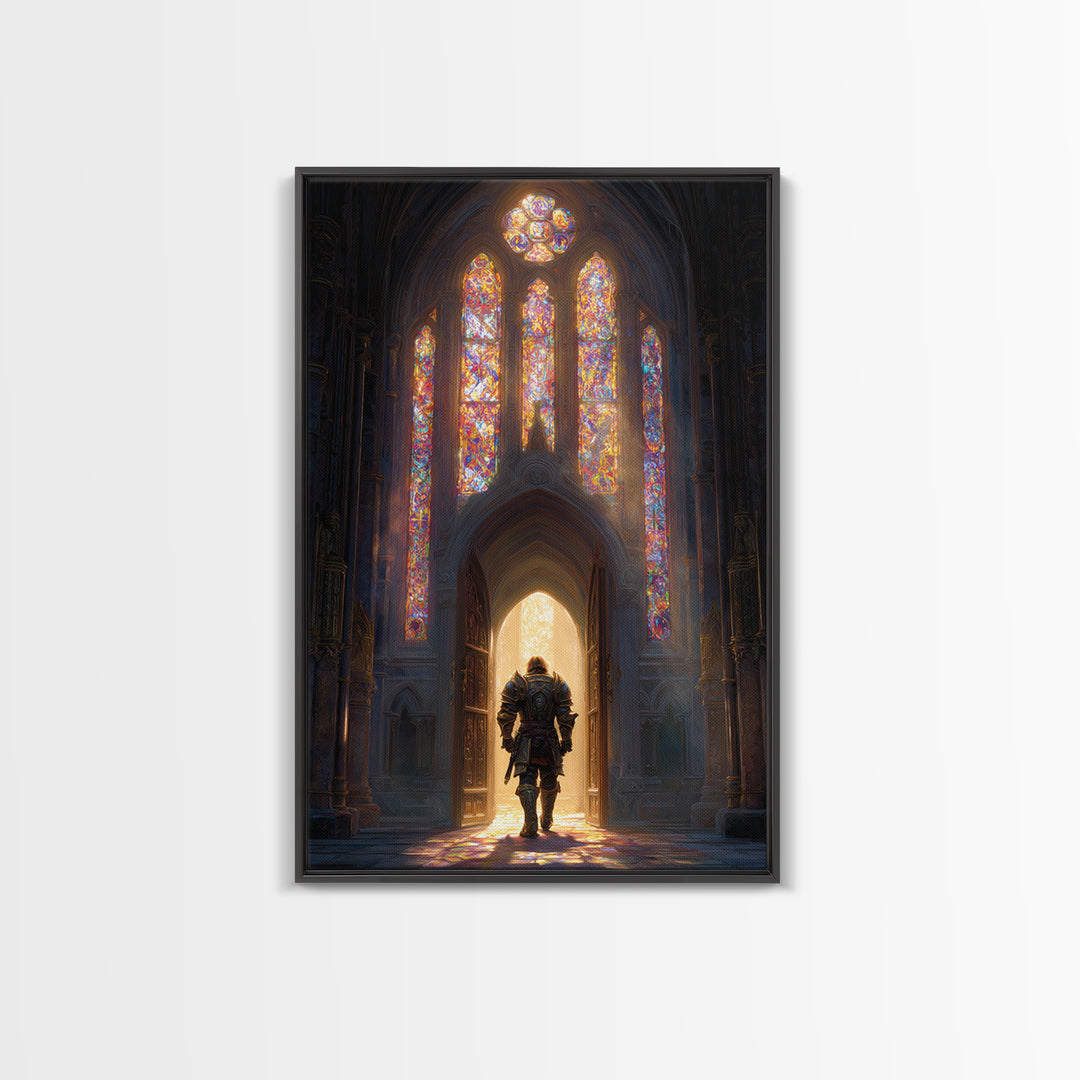 Fantasy Knight In Gleaming Armor Entering Stained Glass Lit Castle Hall - Epic Wall Art Framed Canvas Print For Fantasy Fans