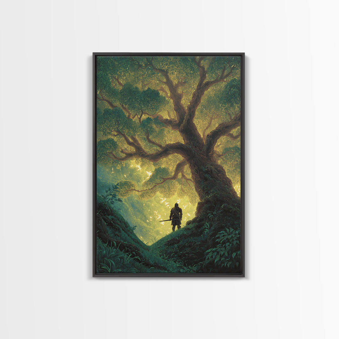 Fantasy Artwork Knight Standing Under Enchanted Glowing Tree In Mystical Forest - Canvas Print For Magical Wall Art And Fairytale Home Decor