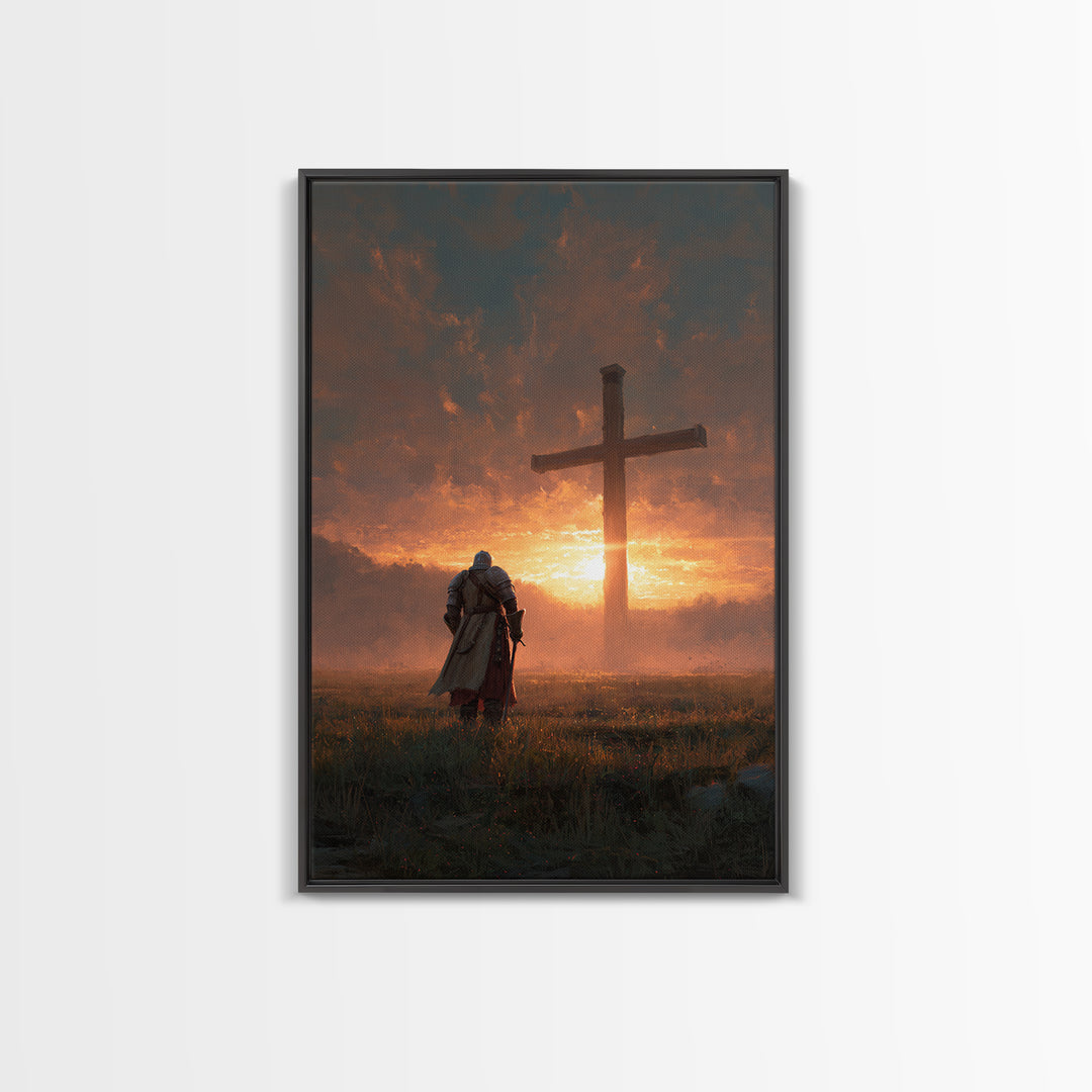 Knight Kneeling Before Large Cross At Sunset Spiritual Wall Art Framed Canvas Print Religious Artwork For Home Decor