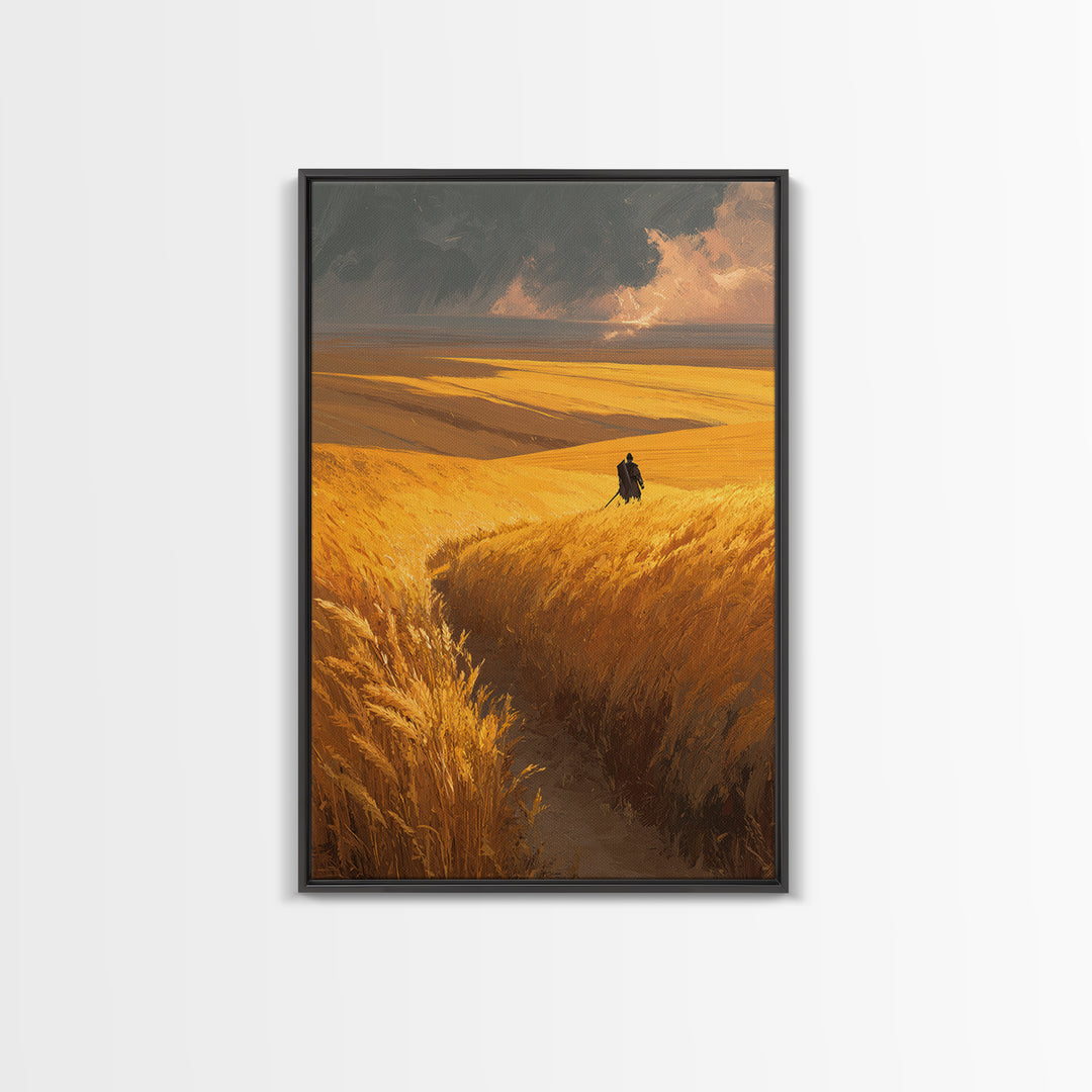 Expansive Golden Wheat Field With Lone Figure Walking Abstract Landscape Wall Art Modern Canvas Print For Rustic Home Or Office Decor