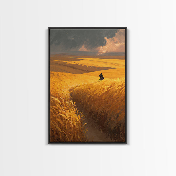 Expansive Golden Wheat Field With Lone Figure Walking Abstract Landscape Wall Art Modern Canvas Print For Rustic Home Or Office Decor