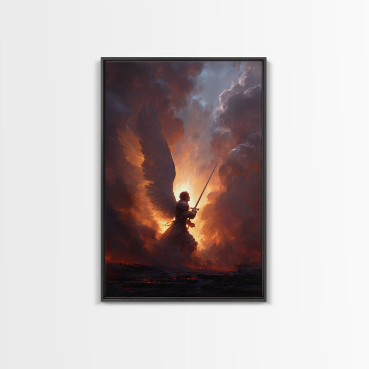 Epic Angel Warrior With Sword Radiant Light And Fiery Background Fantasy Art Framed Canvas Print For Home