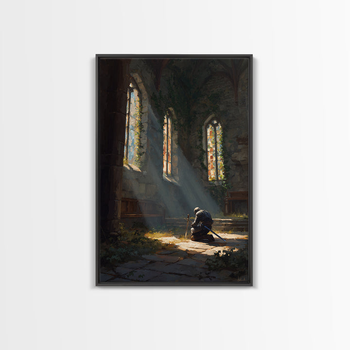 Medieval Knight Kneeling In Chapel With Sunlight Rays Warm Oil Painting Wall Art For Living Room Decor And Gift