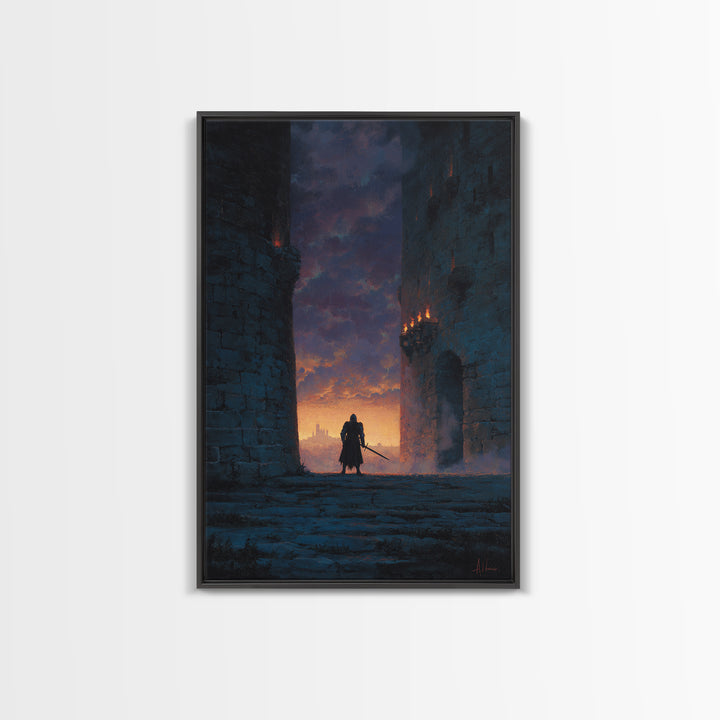 Knight Standing Between Ancient Castle Towers At Sunset With Sword Wall Art Framed Canvas Print For Home Decor