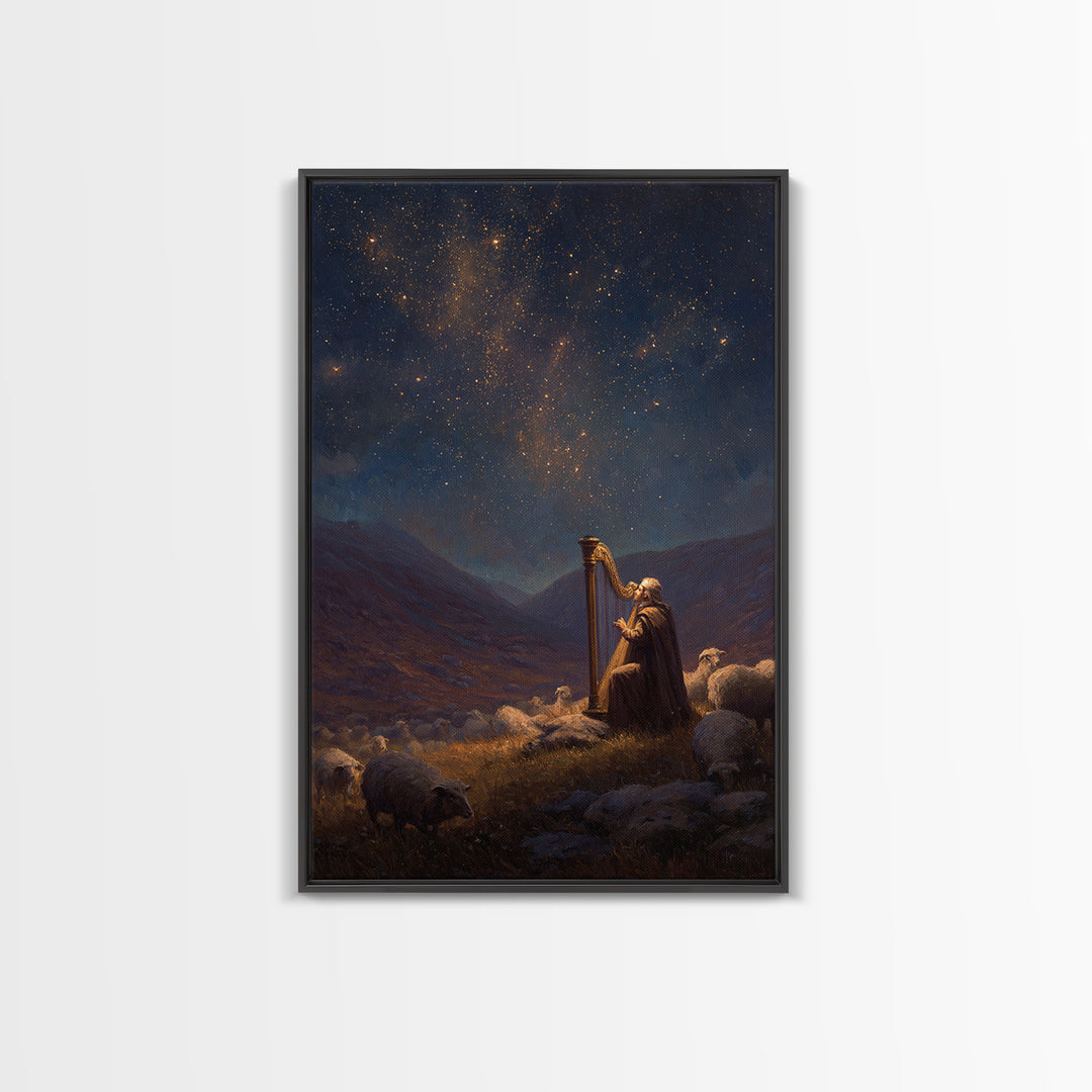 Harp Player In Mountain Landscape Classic Religious Wall Art Oil Painting Framed Canvas Print