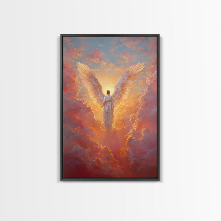 Glowing Angel In Radiant Sunset Sky Symbolic Spiritual Painting Wall Art Framed Canvas Print