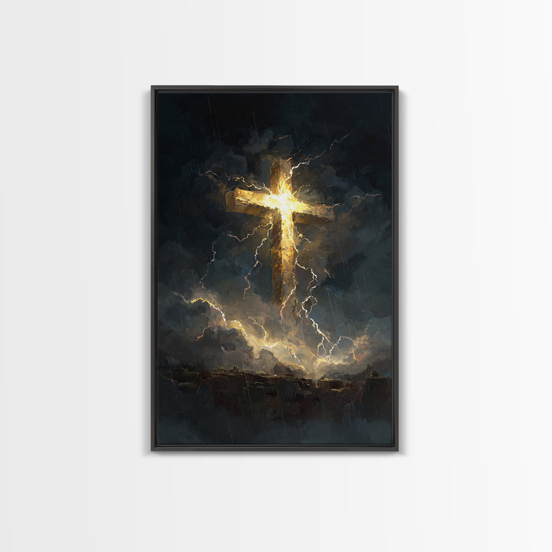 Powerful Cross Illuminated In Stormy Dark Sky Christianity Religious Wall Art Framed Canvas Print