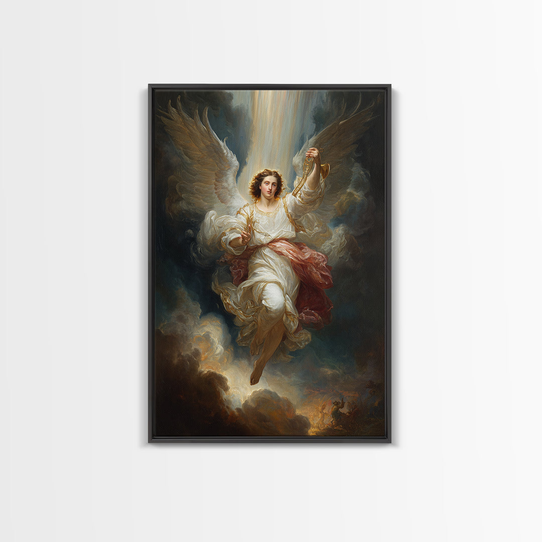 Radiant Angel In White Robes With Gold Accents And Warm Glowing Light - Framed Canvas Print For Home Decor