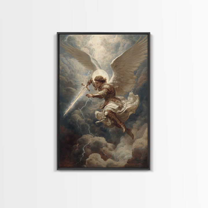 Majestic Archangel With Sword In Stormy Skies Wall Art Framed Canvas Print For Spiritual Home Decor