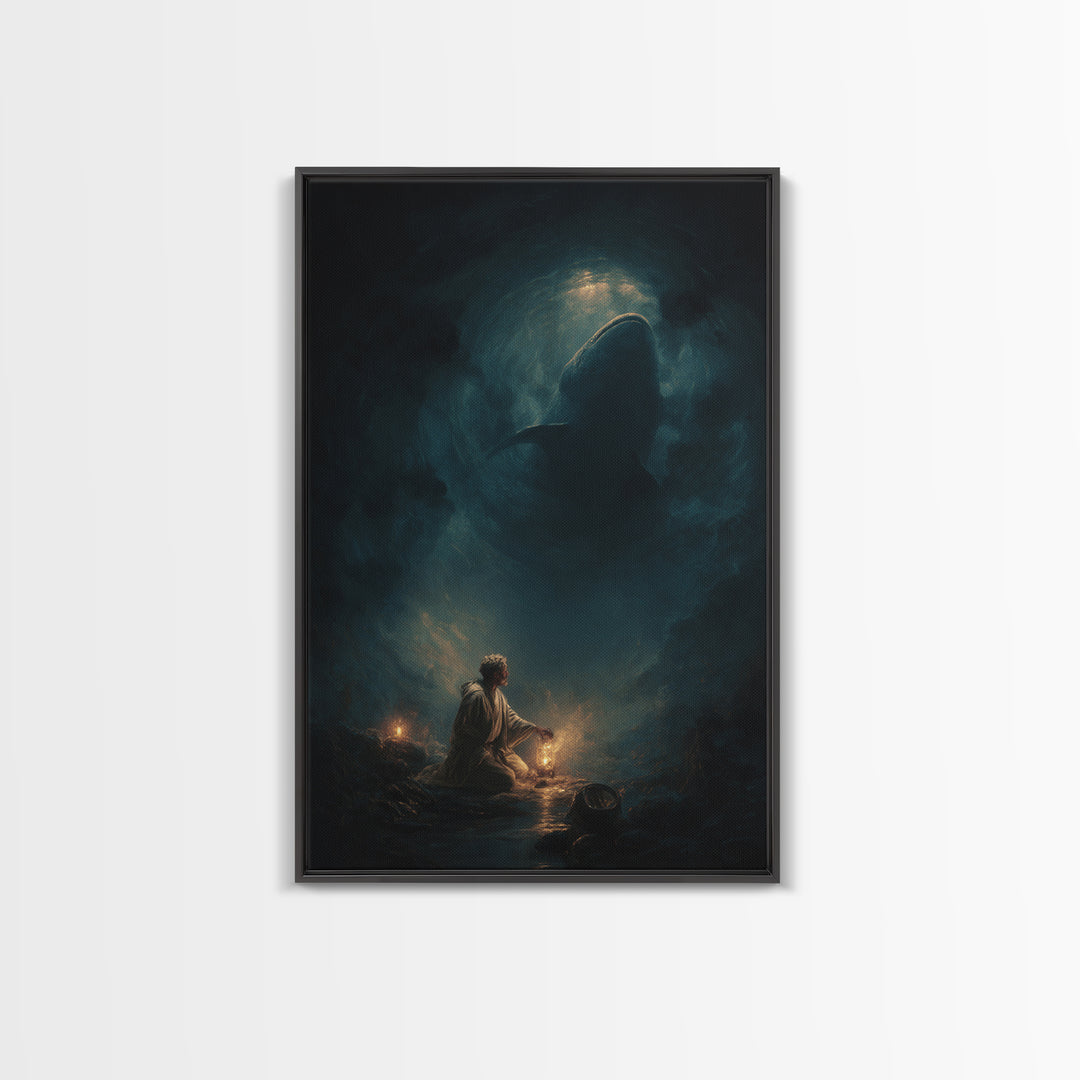 Underwater Dark Shark Illustration Mystical Ocean Scene Moody Wall Art - Canvas Print For Nautical Living Room Decor