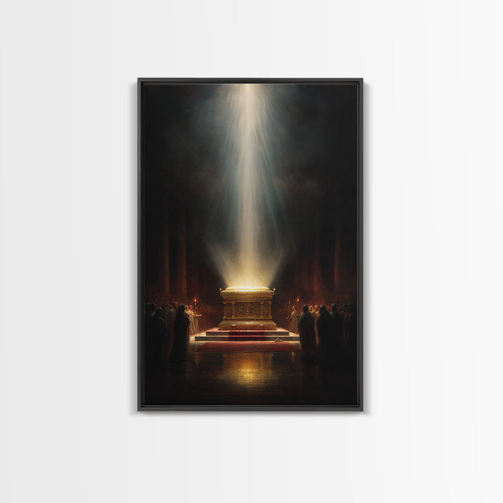 Golden Glowing Ark Illuminated By Light Rays Wall Art Framed Canvas Print For Religious Home Decor Gift