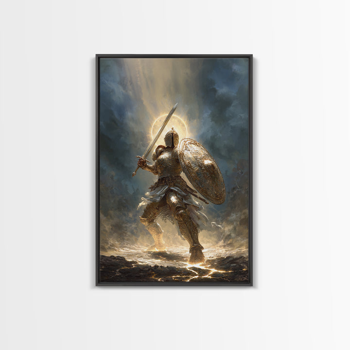 Heroic Knight In Golden Armor Digital Painting Canvas Print Wall Art For Medieval Decor And Fantasy Room Accent