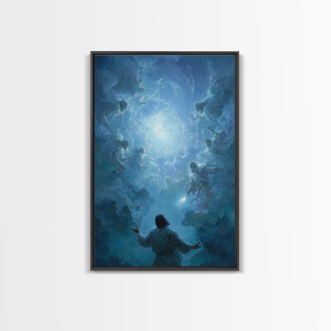 Celestial Encounter With Divine Figures In Blue Sky Spiritual Wall Art Framed Canvas Print For Home Decor