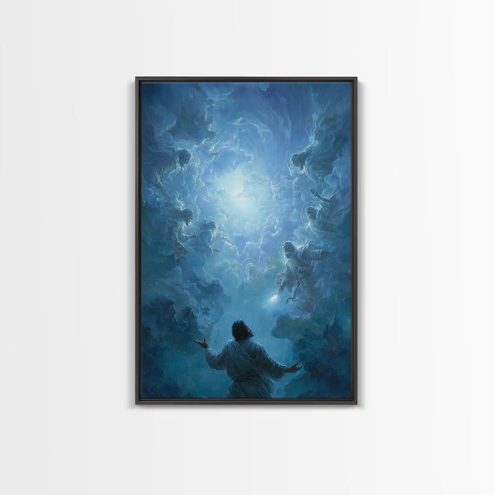Celestial Encounter With Divine Figures In Blue Sky Spiritual Wall Art Framed Canvas Print For Home Decor