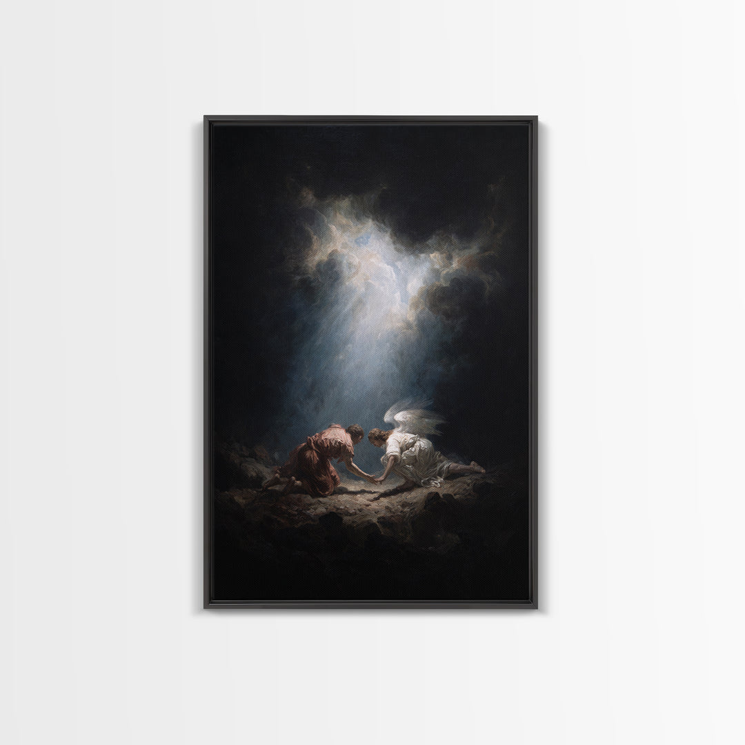 Mystical Religious Scene Angel And Figure In Light Rays Spiritual Wall Art Framed Canvas Print Calming Fine Art For Bedroom Decor