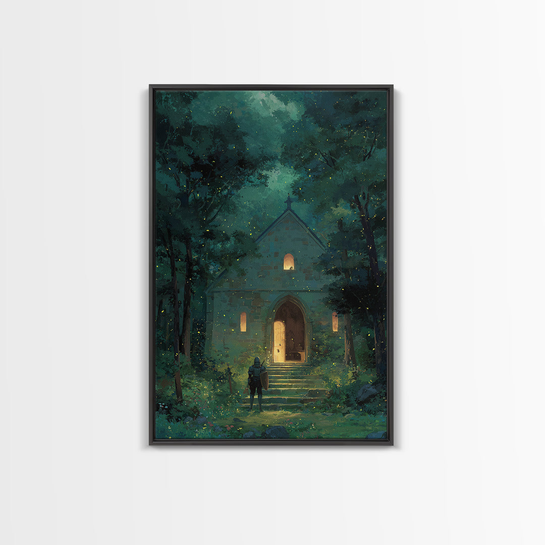 Knight Approaching Enchanted Forest Chapel With Fireflies At Dusk Wall Art Framed Canvas Print For Bedroom Decor