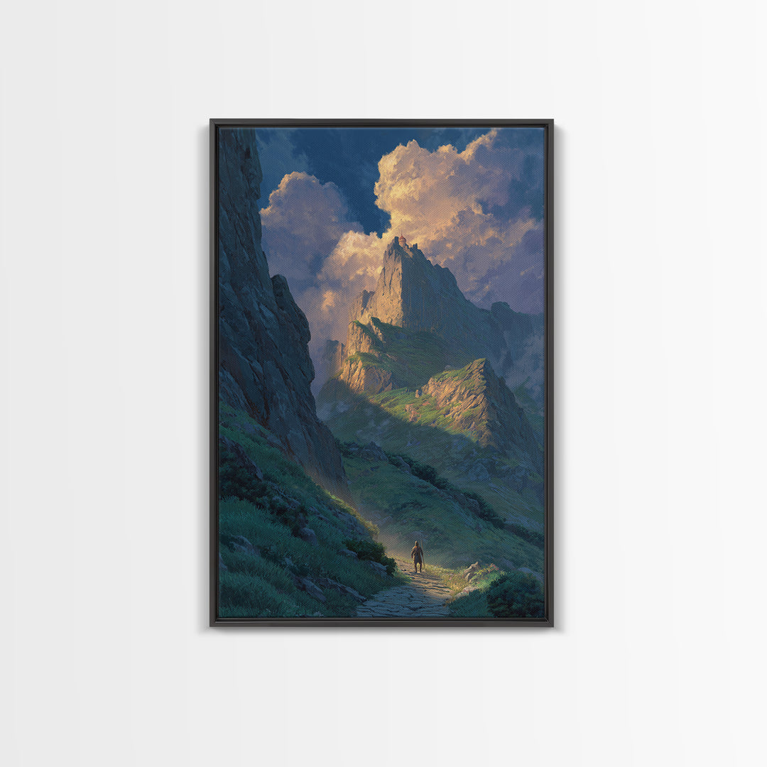 Epic Mountain Landscape With Brave Knight Walking Path Dramatic Sky Fine Art Canvas Print For Living Room