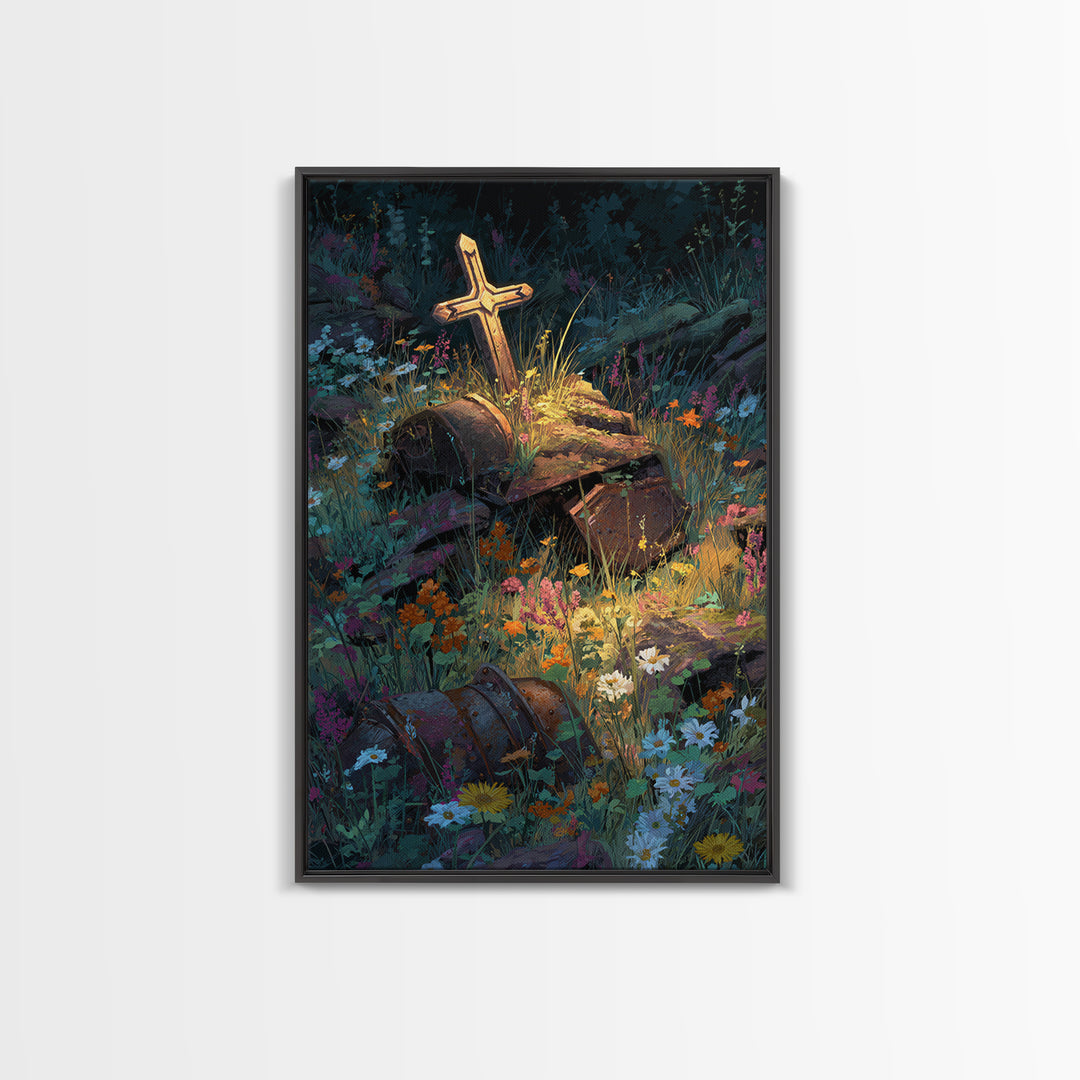 Overgrown Ruins With Flowers Fantasy Landscape Digital Painting Wall Art Canvas Print Unique Nature Inspired Home Decor