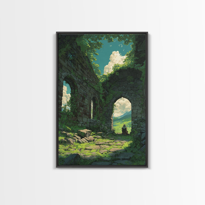 Mystical Forest Ruins With Lush Greenery And Blue Sky Fantasy Digital Art Wall Art Canvas Print For Nature Lovers