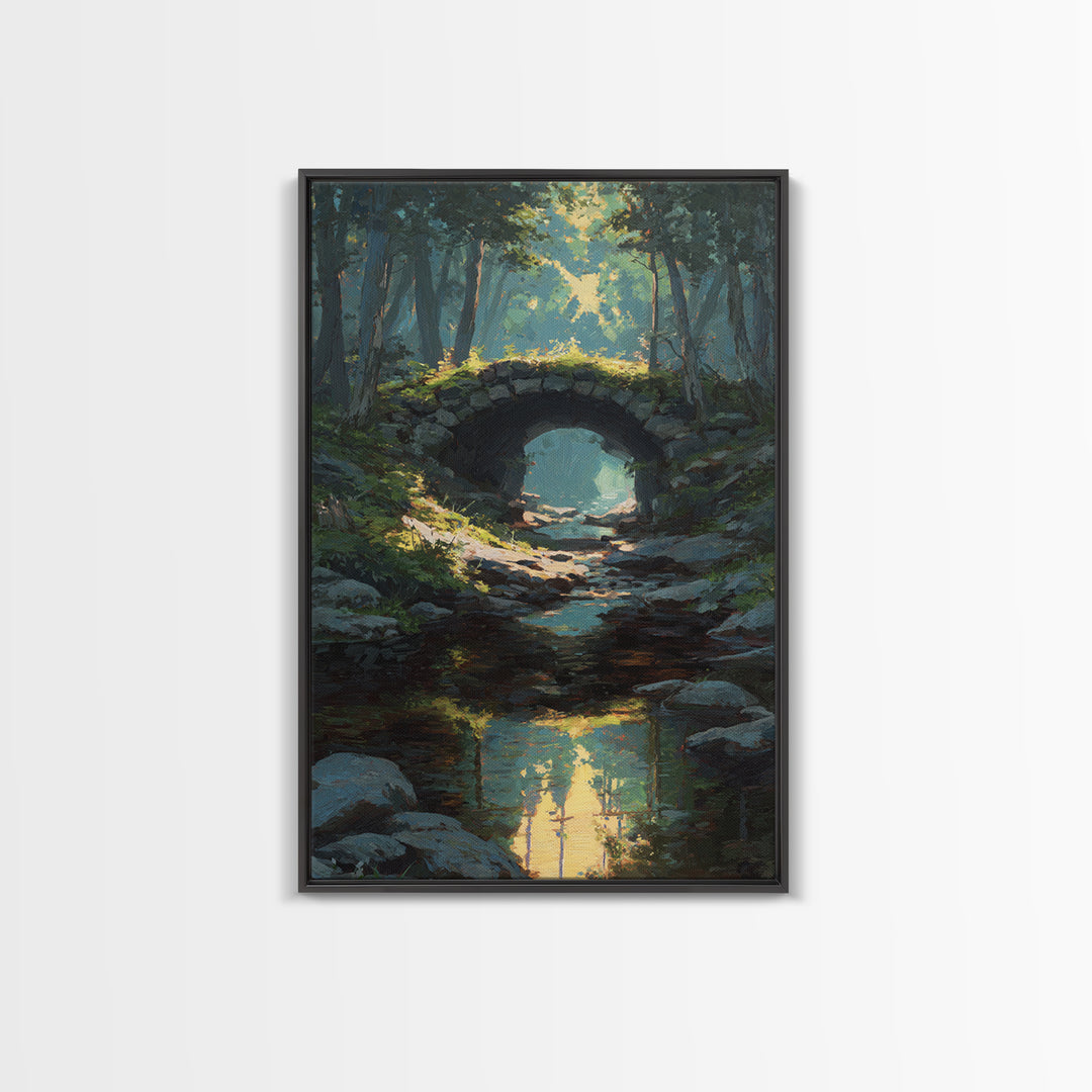 Serene Forest Path Under Stone Bridge With Dappled Sunlight Original Oil Painting Wall Art Framed Canvas Print