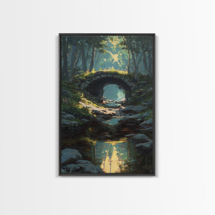 Serene Forest Path Under Stone Bridge With Dappled Sunlight Original Oil Painting Wall Art Framed Canvas Print