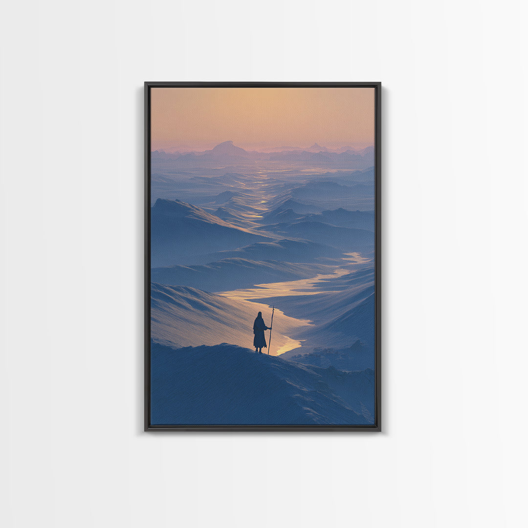 Serene Blue Mountain Landscape With Lone Traveler Canvas Print Tranquil Wall Art Framed Home Decor