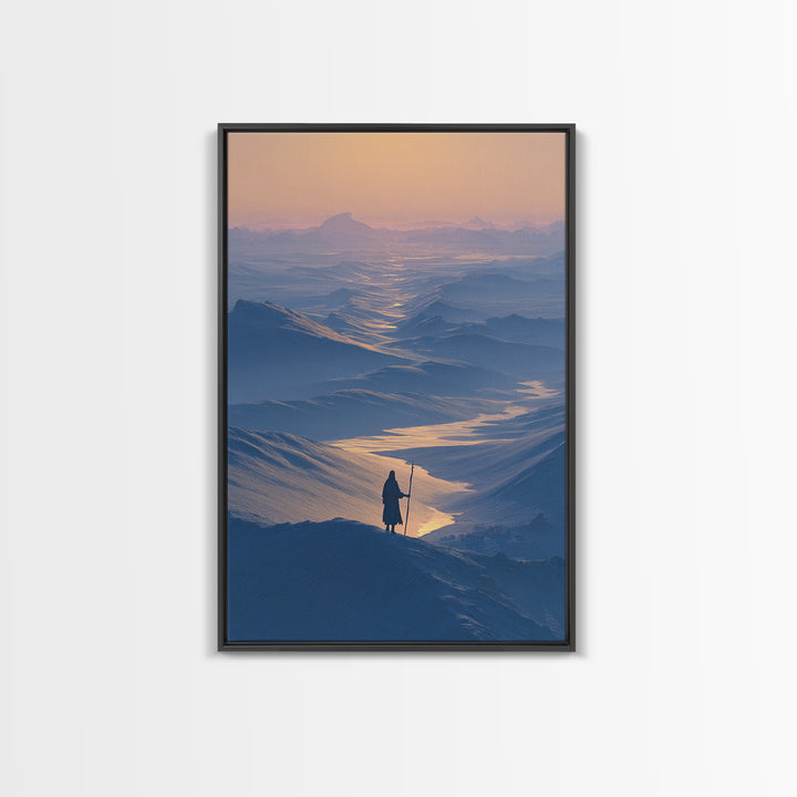 Serene Blue Mountain Landscape With Lone Traveler Canvas Print Tranquil Wall Art Framed Home Decor