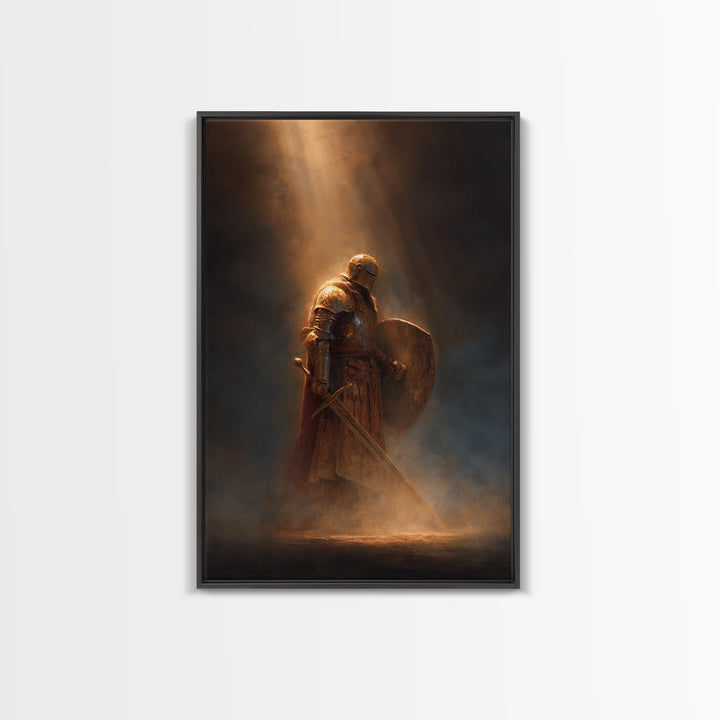 Knight With Sword And Shield Medieval Artwork Dark Fantasy Wall Art Decor Framed Canvas Print