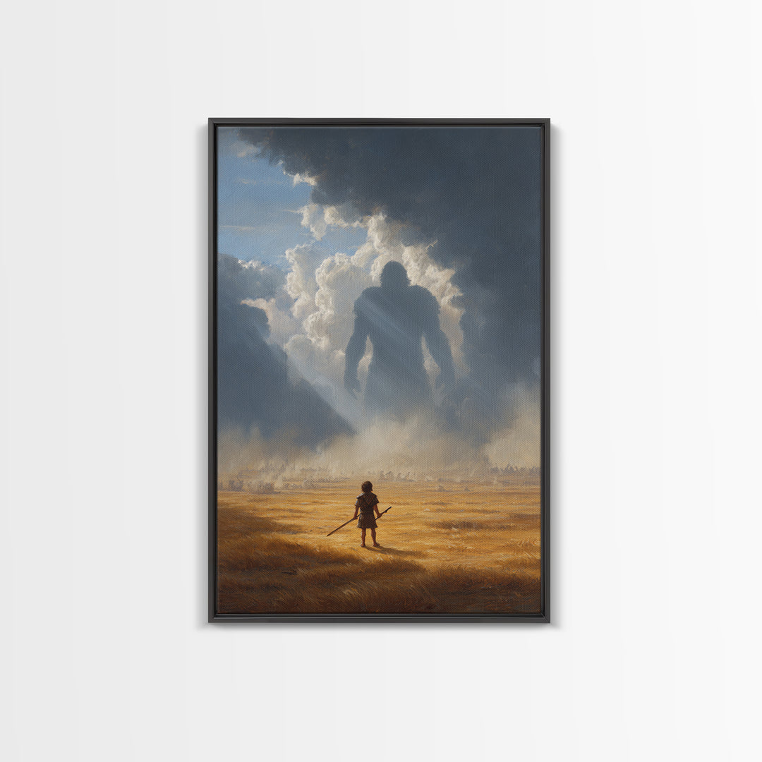 Epic Battle Scene With Warrior Facing Giant Shadow In Dramatic Landscape Wall Art Canvas Print