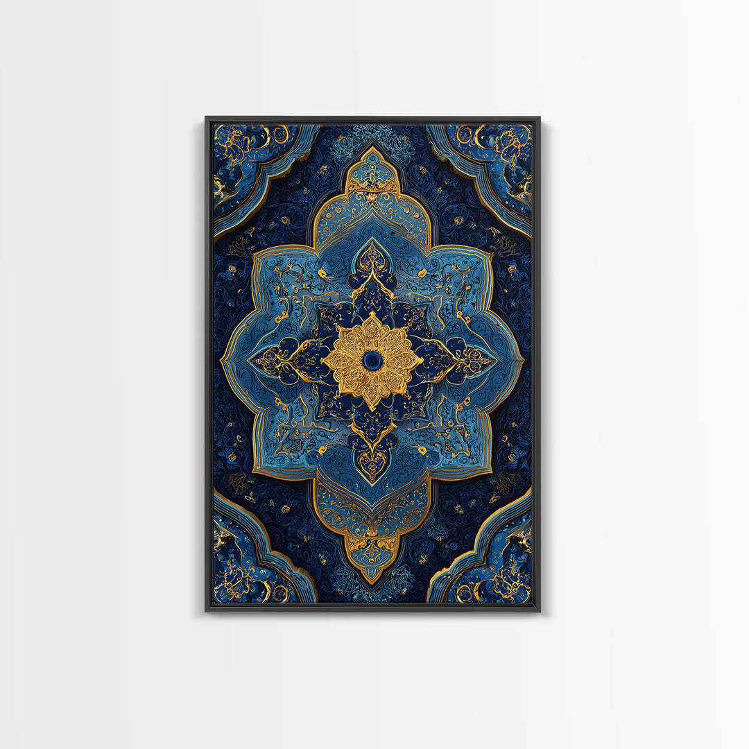 Luxurious Blue And Gold Ornate Mandala Pattern Modern Wall Decor Framed Canvas Print For Elegant Spaces