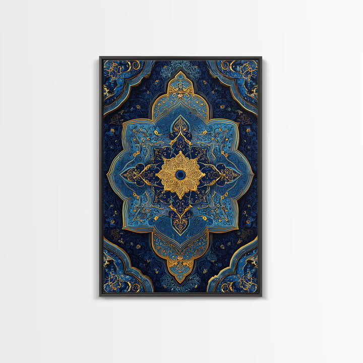 Luxurious Blue And Gold Ornate Mandala Pattern Modern Wall Decor Framed Canvas Print For Elegant Spaces