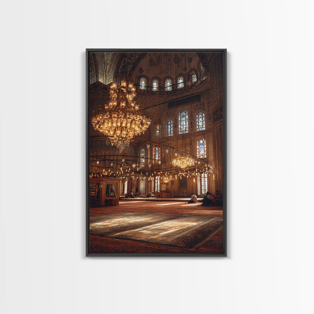 Beautiful Large Chandelier Lightning Historic Mosque Interior - Fine Art Wall Art Framed Canvas Print For Spiritual Spaces