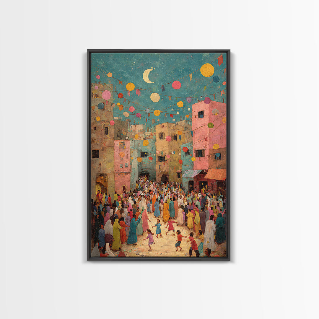 Colorful Festive Middle Eastern Street Scene With Moon And Lanterns Wall Art Framed Canvas Print