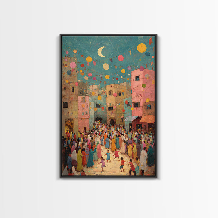 Colorful Festive Middle Eastern Street Scene With Moon And Lanterns Wall Art Framed Canvas Print
