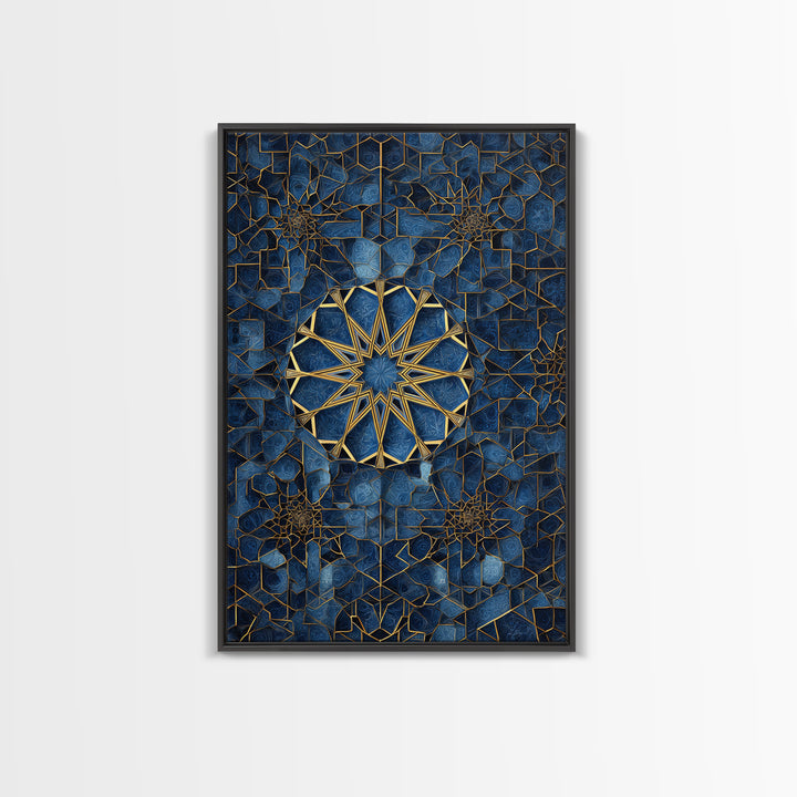 Intricate Blue And Gold Islamic Geometric Wall Art Framed Canvas Print Perfect For Modern Home Decor And Spiritual Spaces