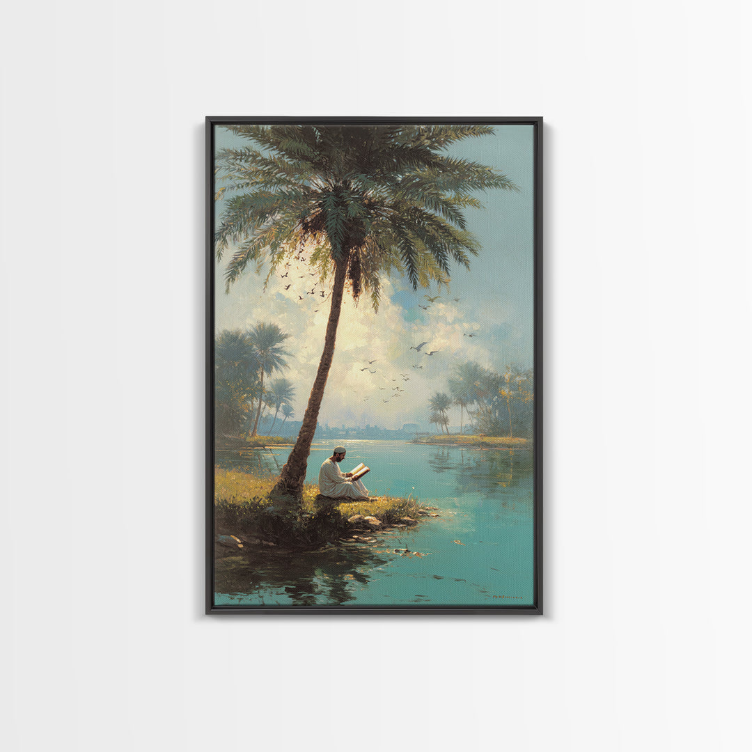 Serene Middle Eastern Landscape With Man Reading By Palm Tree Vintage Style Painting Wall Art Canvas Print
