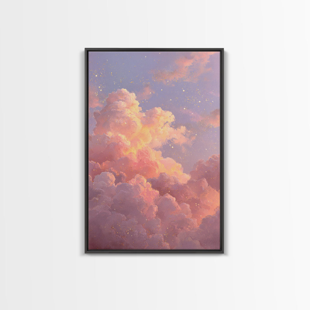Dreamy Pink Clouds And Starry Sky Canvas Print, Celestial Wall Art, Pastel Nursery Decor, Whimsical Bedroom Art, Gift For Her