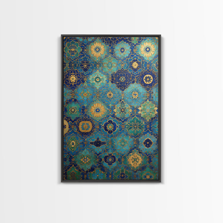 Blue And Gold Islamic Geometric Tile Art Elegant Framed Canvas Print For Traditional Home Decor Or Thoughtful Gift