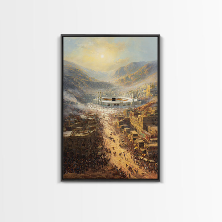 Sunrise Over Crowded Ancient Cityscape With Mountains And Kaaba - Wall Art Framed Canvas Print For Home Decor